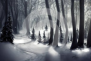 Amazing winter scenery. Landscape with magical winter frosty forest. Path in the forest.