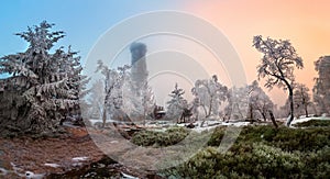 Amazing winter view of frosted trees and rock at sunrise, frozen lookout tower Sneznik, Bohemian Switzerland