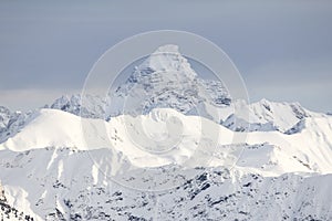 Amazing Winter View to the snow covered Mountain Hochvogel in Allgau Alps, Bavaria, Germany.