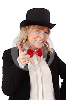 Amazing woman in black jacket, bowtie and a top hat