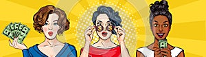 Amazing woman in glasses with dollar sign get rich. Casino player or lottery winner.Lucky girl see big money,financial success.