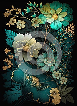 Amazing wonderful flowers, turquoise blue and turquoise green and gold japan ink and black background