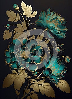 Amazing wonderful flowers, turquoise blue and turquoise green and gold japan ink and black background