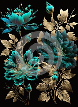 Amazing wonderful flowers, turquoise blue and turquoise green and gold japan ink and black background