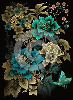 Amazing wonderful flowers, turquoise blue and turquoise green and gold japan ink and black background