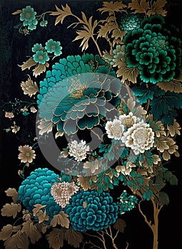Amazing wonderful flowers, turquoise blue, turquoise green, white and gold japan ink and black background