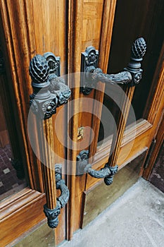 amazing wooden doors with massive bronze door handles in art deco style