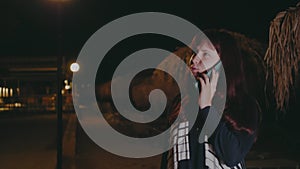 Amazing Young Woman Talking Phone Background Beach At Night