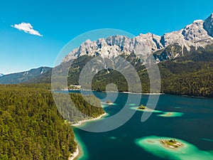 Amazingly beautiful aerial view of the Eibsee in Germany.