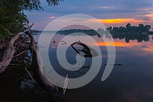 Amazingly beautiful sunrise over Lake, foggy