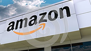 Amazon.com logo on the modern building facade. Editorial 3D rendering