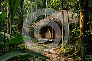 Amazon jungle camp by the water. Generative AI