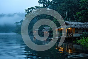 Amazon jungle camp by the water. Generative AI