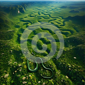 Amazon jungles from a bird\'s-eye perspective with giant snake winding its way through the dense foliage