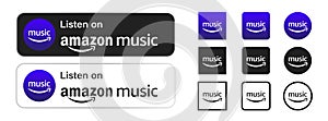 Amazon music. Amazon music. logo App and badge set. Listen on Amazon music. UI icons. Popular set of logo amazon in different