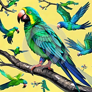 Amazon parrot tree branch perch flying bird