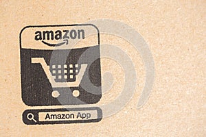 Amazon Prime Parcel Package. close-up on Ecommerce icon. Amazon, is an American electronic comm