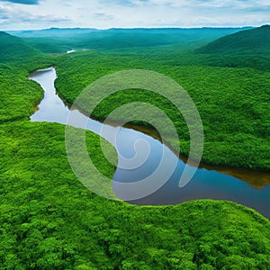 Amazon rainforest. Aerial view of the Amazon rainforest with a river passing through the center of vegetation