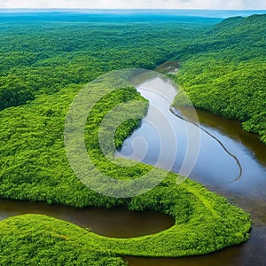 Amazon rainforest. Aerial view of the Amazon rainforest with a river passing through the center of vegetation