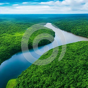 Amazon rainforest. Aerial view of the Amazon rainforest with a river passing through the center of vegetation