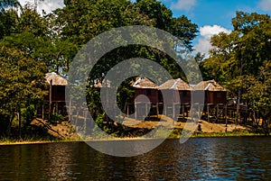 Amazon river, Manaus, Amazonas, Brazil: Amazon landscape with beautiful views. Wooden houses on an island on the Amazon river in