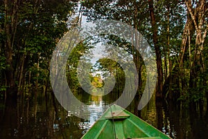 Amazon river, Manaus, Amazonas, Brazil: Wooden boat floating on the Amazon river in the backwaters of the Amazon jungle