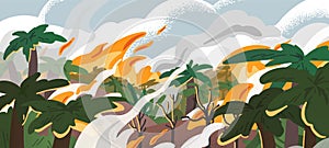 Amazonian forest fire panorama flat vector illustration. Tropical environment destruction, natural disaster