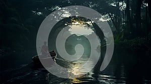 Amazonian jungle with river and boat on it