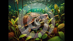Amazonian River Turtle Among Aquatic Plants