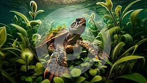 Amazonian River Turtle Among Aquatic Plants