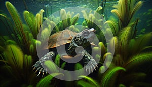Amazonian River Turtle Among Aquatic Plants