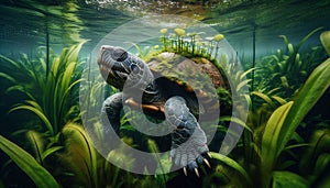 Amazonian River Turtle Among Aquatic Plants