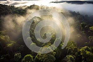 amazons rainforest, viewed from above, with misty clouds and sunlight filtering through