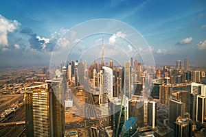 Amazung Dubai city center skyline at sunset, United Arab Emirates