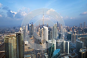 Amazung Dubai city center skyline at sunset, United Arab Emirates