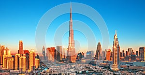 Amazung Dubai city center skyline at sunset, United Arab Emirates