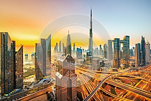 Amazung Dubai city center skyline at sunset, United Arab Emirates