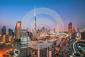 Amazung Dubai city center skyline at sunset, United Arab Emirates