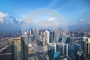 Amazung Dubai city center skyline at sunset, United Arab Emirates