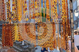 Amber Beads in a Street Shop, Baltic Sea Souvenir, Natural Jewelry, Gold Brown Stone Necklace