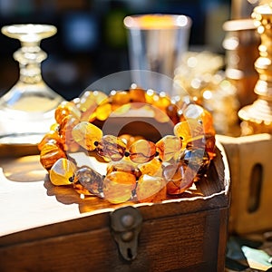 Amber Beads in a Street Shop, Baltic Sea Souvenir, Natural Jewelry, Gold Brown Stone Necklace