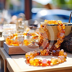 Amber Beads in a Street Shop, Baltic Sea Souvenir, Natural Jewelry, Gold Brown Stone Necklace