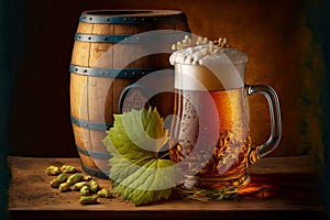 amber beer in hop ears and beer barrel on wooden board