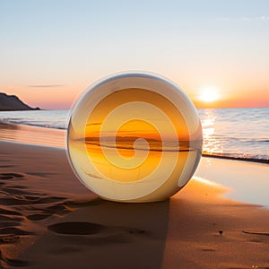 An amber colored glass ball on the beach at sunrise - AI generated Illustration
