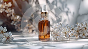 An amber-colored glass bottle with a white dropper cap, containing essential oil or serum, surrounded by white flowers. Mockup for