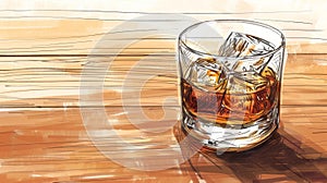 Single Malt Scotch Whisky in Glass with Ice Cubes on Rustic Wooden Table photo