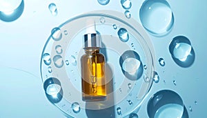 Amber Cosmetic Bottle with Dropper on Blue Background with Water Drops