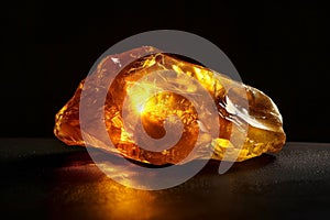 Amber Crystal Isolated, Golden Amber Pebble on Black