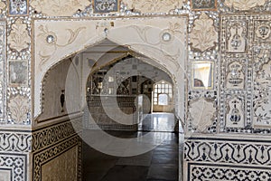 Amber Fort in Jaipur, India decoration and inlays of precious stones in the interior architecture