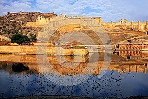 Amber Fort reflected in Maota Lake near Jaipur, Rajasthan, India